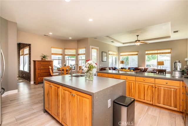 23840 Costa Mesa Way, Murrieta, CA 92562 - kitchen featuring a sink, a raised ceiling, a center island with sink, light wood-type flooring, and dark countertops
