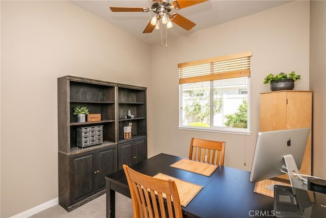 23840 Costa Mesa Way, Murrieta, CA 92562 - dining room featuring ceiling fan, light carpet, a desk, and baseboards
