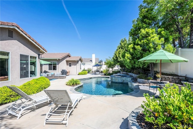 23840 Costa Mesa Way, Murrieta, CA 92562 - view of swimming pool featuring an outdoor living space, a fenced backyard, a patio, and a pool with connected hot tub