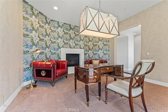 402 Rockefeller Unit 407, Irvine, CA 92612 - living area featuring wallpapered walls, baseboards, a glass covered fireplace, carpet floors, and recessed lighting