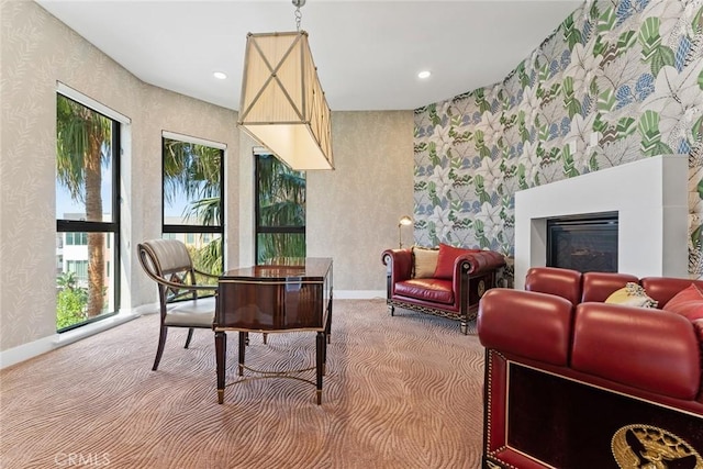 402 Rockefeller Unit 407, Irvine, CA 92612 - carpeted home office featuring wallpapered walls, healthy amount of natural light, baseboards, a fireplace, and recessed lighting