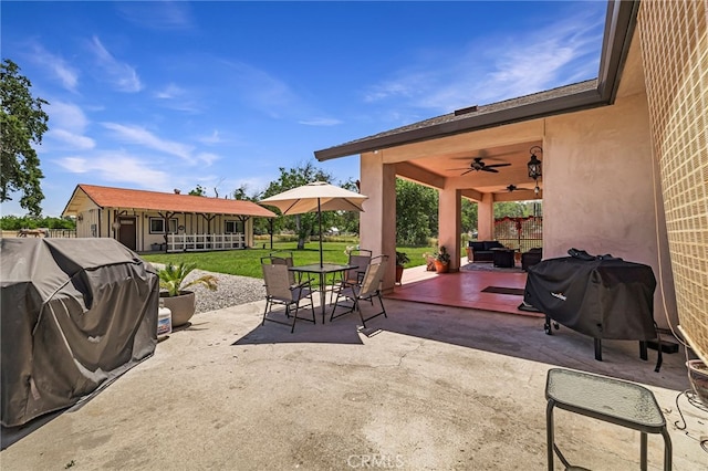 11576 Meridian Rd, Chico, CA 95973 - view of patio with a ceiling fan, outdoor dining area, grilling area, and an outdoor structure