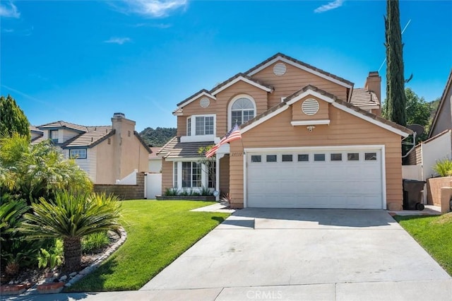 28532 Forest Meadow Pl, Castaic, CA 91384 - traditional home with driveway, a front lawn, a garage, and a chimney