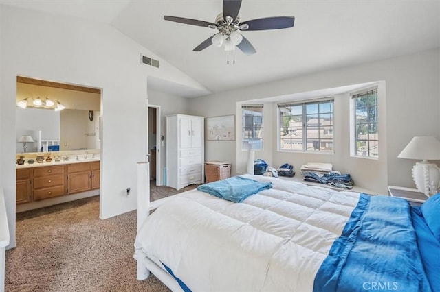 28532 Forest Meadow Pl, Castaic, CA 91384 - bedroom with lofted ceiling, carpet, ensuite bathroom, a ceiling fan, and a sink