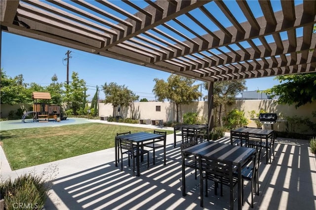 1924 N Floret Dr, Los Angeles, CA 90222 - view of patio featuring a pergola, a playground, and outdoor dining space