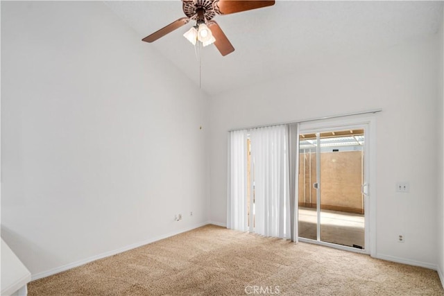 44114 30th St W, Lancaster, CA 93536 - spare room with carpet flooring, high vaulted ceiling, ceiling fan, and baseboards