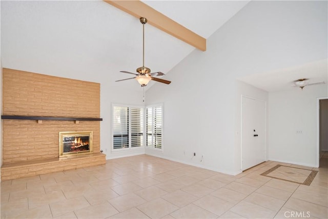 44114 30th St W, Lancaster, CA 93536 - unfurnished living room featuring ceiling fan, light tile patterned floors, a fireplace, high vaulted ceiling, and beamed ceiling
