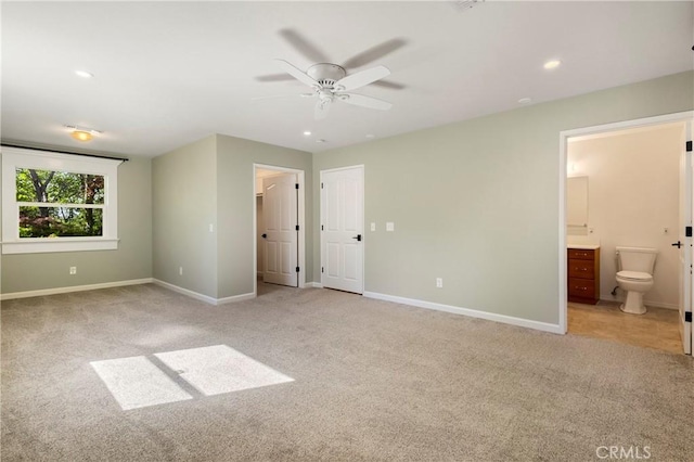 50 Walter Blume Ln, Oroville, CA 95966 - unfurnished bedroom featuring light colored carpet, baseboards, ensuite bath, recessed lighting, and ceiling fan