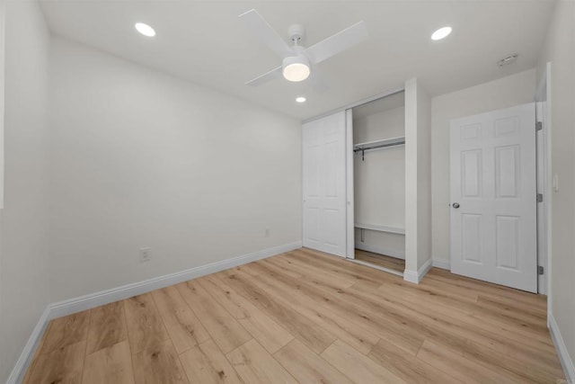 12632 Mcferon Rd, Poway, CA 92064 - unfurnished bedroom featuring baseboards, light wood-type flooring, a closet, recessed lighting, and a ceiling fan