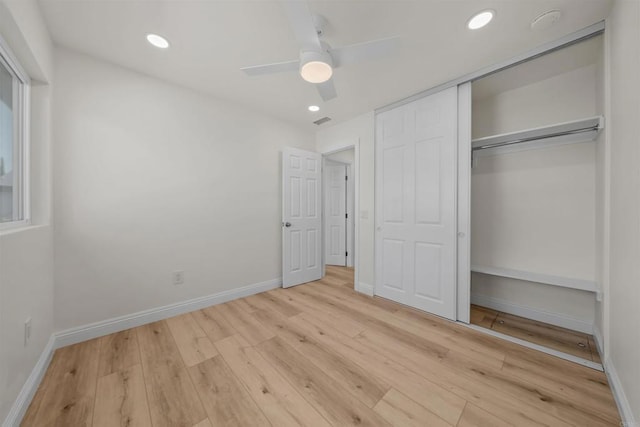 12632 Mcferon Rd, Poway, CA 92064 - unfurnished bedroom featuring wood finished floors, a closet, baseboards, recessed lighting, and a ceiling fan