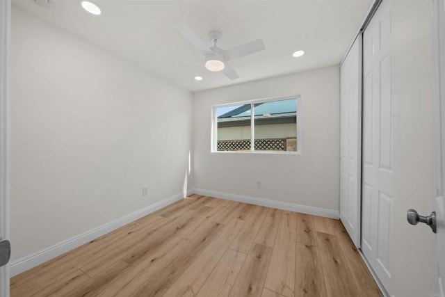 12632 Mcferon Rd, Poway, CA 92064 - unfurnished bedroom featuring light wood finished floors, a closet, baseboards, recessed lighting, and a ceiling fan