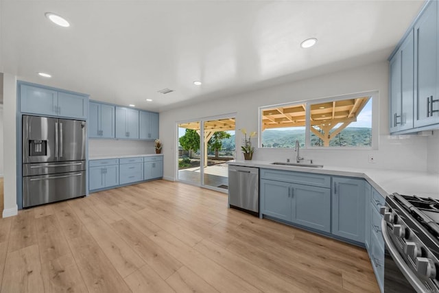 12632 Mcferon Rd, Poway, CA 92064 - kitchen with stainless steel appliances, blue cabinetry, and recessed lighting