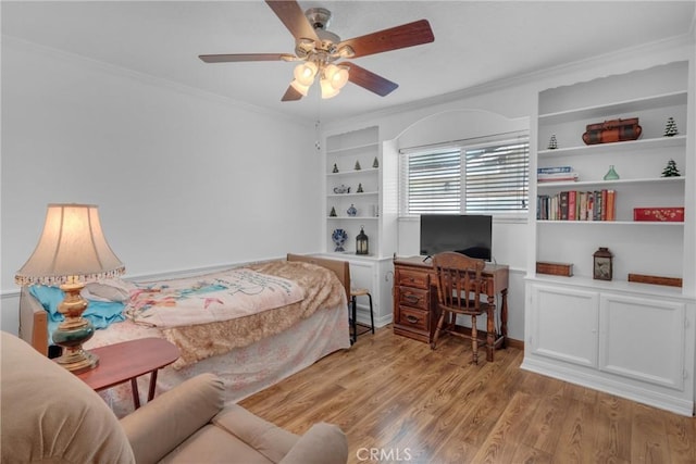 9945 Date St, Fontana, CA 92335 - bedroom featuring crown molding, light wood-style flooring, and ceiling fan