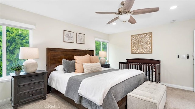 15061 Glass Cir, Irvine, CA 92604 - bedroom featuring light colored carpet, baseboards, recessed lighting, and a ceiling fan