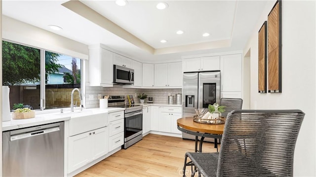 15061 Glass Cir, Irvine, CA 92604 - kitchen featuring stainless steel appliances, backsplash, a tray ceiling, recessed lighting, and white cabinetry