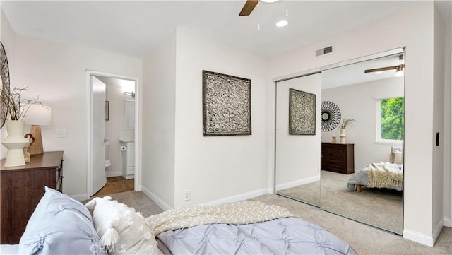 15061 Glass Cir, Irvine, CA 92604 - bedroom with a closet, carpet flooring, a ceiling fan, and ensuite bathroom