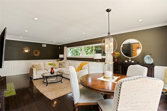 544 N California St, Burbank, CA 91505 - dining space with wainscoting, wood finished floors, crown molding, recessed lighting, and a decorative wall