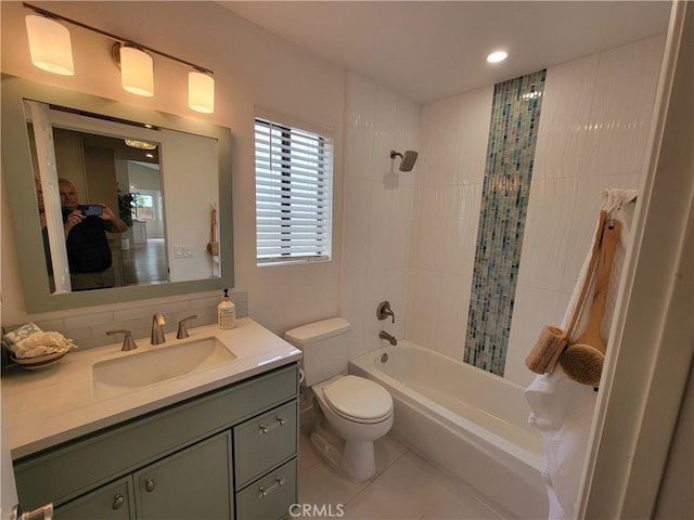 2722 Olympia Dr, Carlsbad, CA 92010 - bathroom with vanity, tile patterned floors, bathing tub / shower combination, recessed lighting, and tasteful backsplash