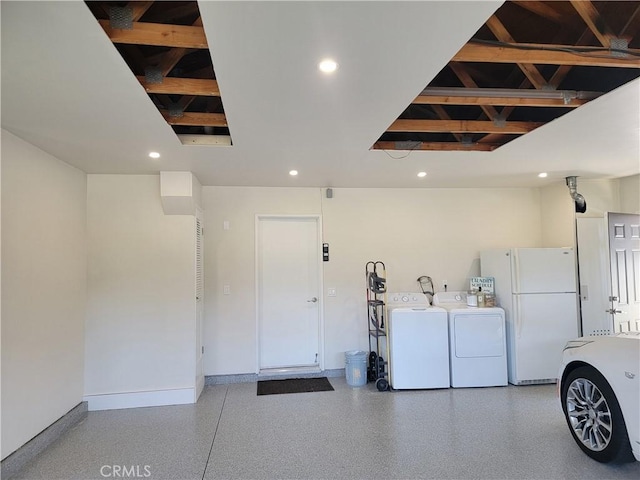 2722 Olympia Dr, Carlsbad, CA 92010 - garage with washer and dryer, freestanding refrigerator, and recessed lighting