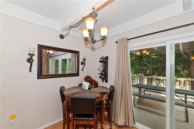 209 Cool Creek Ln Unit 10, Lake Arrowhead, CA 92352 - dining room featuring a chandelier, plenty of natural light, baseboards, and wood finished floors