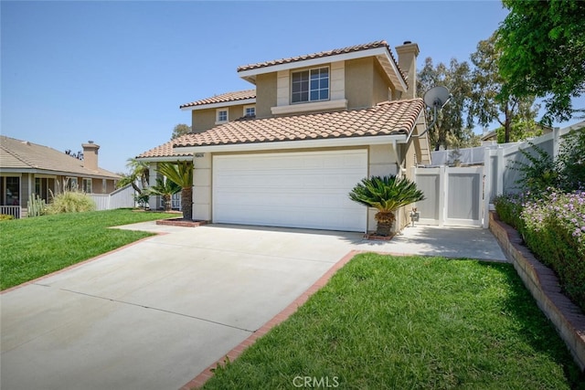 27292 Eagles Nest Dr, Corona, CA 92883 - mediterranean / spanish-style home with driveway, a tiled roof, stucco siding, a chimney, and an attached garage