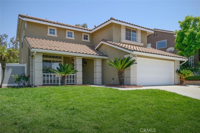 27292 Eagles Nest Dr, Corona, CA 92883 - mediterranean / spanish house featuring concrete driveway, a garage, a tiled roof, and stucco siding