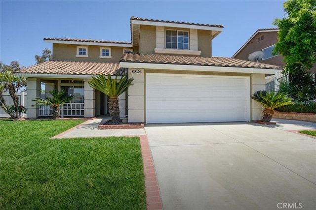 27292 Eagles Nest Dr, Corona, CA 92883 - mediterranean / spanish-style home featuring concrete driveway, a tiled roof, a garage, and a front yard