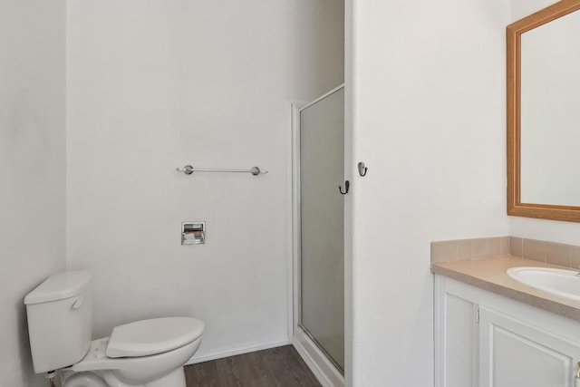 34387 Wolahi Rd, Julian, CA 92036 - full bath featuring toilet, a stall shower, vanity, and wood finished floors