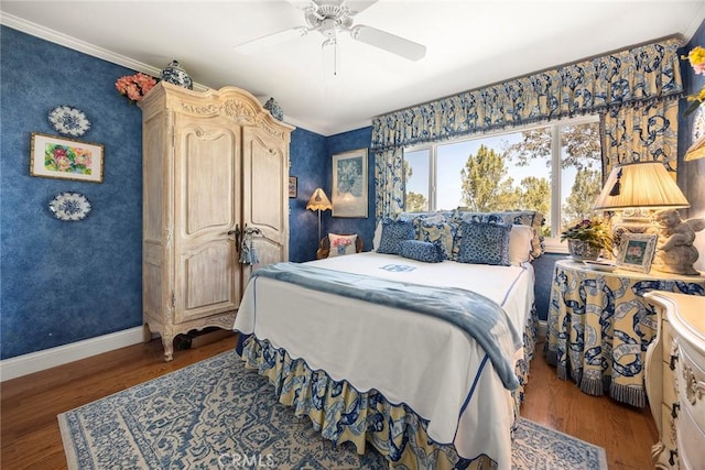 4007 Calle Sonora Oeste Unit 1A, Laguna Woods, CA 92637 - bedroom featuring baseboards, wood finished floors, crown molding, and a ceiling fan