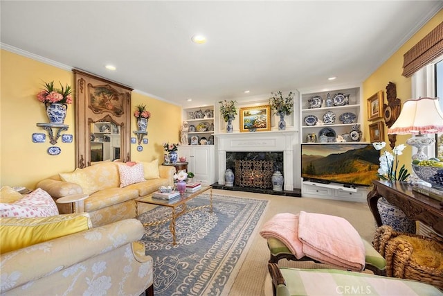 4007 Calle Sonora Oeste Unit 1A, Laguna Woods, CA 92637 - living area with crown molding, a fireplace, recessed lighting, and built in shelves