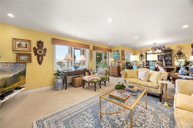 4007 Calle Sonora Oeste Unit 1A, Laguna Woods, CA 92637 - living area featuring a chandelier, carpet flooring, recessed lighting, crown molding, and baseboards