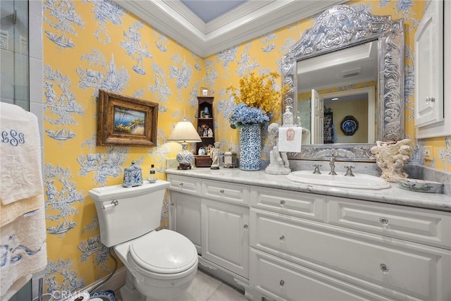 4007 Calle Sonora Oeste Unit 1A, Laguna Woods, CA 92637 - bathroom featuring wallpapered walls, crown molding, vanity, toilet, and tile patterned floors
