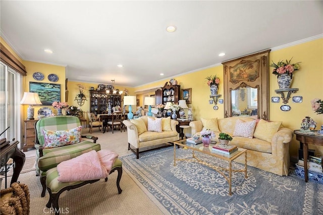 4007 Calle Sonora Oeste Unit 1A, Laguna Woods, CA 92637 - carpeted living area featuring recessed lighting, ornamental molding, and a chandelier