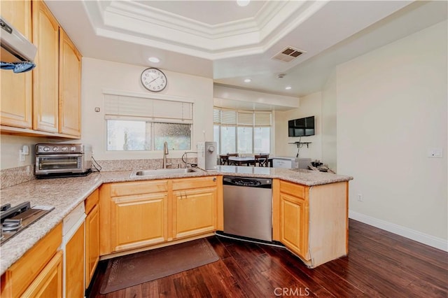 4489 Spencer St Unit 224, Torrance, CA 90503 - kitchen featuring stainless steel appliances, a tray ceiling, a sink, dark wood-style flooring, and extractor fan