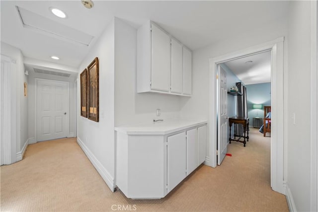 1528 Hendrix Pl, Chula Vista, CA 91911 - corridor with light colored carpet, baseboards, recessed lighting, and attic access