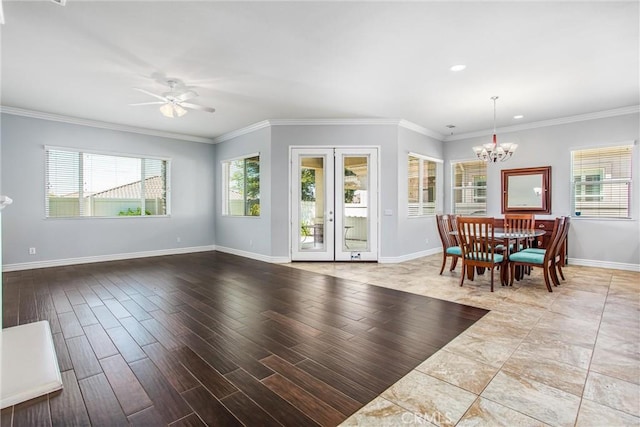 967 Hidden Oaks, Beaumont, CA 92223 - dining room featuring a chandelier, baseboards, ceiling fan, crown molding, and wood finished floors
