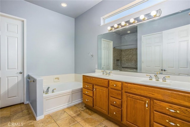 967 Hidden Oaks, Beaumont, CA 92223 - bathroom featuring double vanity, a garden tub, and a shower