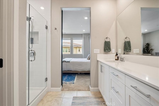 3516 Brody Way, Oceanside, CA 92056 - ensuite bathroom with a stall shower, vanity, tile patterned floors, and baseboards