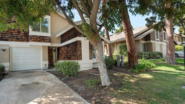 1524 Bridgeview Dr, San Diego, CA 92105 - view of front facade with driveway, a front yard, an attached garage, and stucco siding