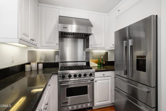 433 N Altadena Dr Unit 4, Pasadena, CA 91107 - kitchen with stainless steel appliances, ventilation hood, white cabinets, and dark stone countertops