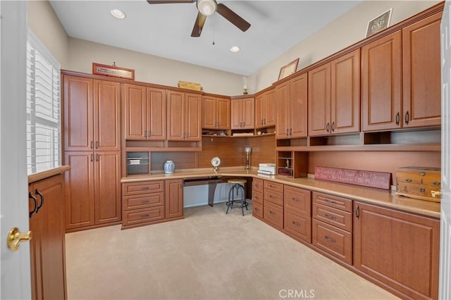 26716 Kingwood Rd, Murrieta, CA 92563 - unfurnished office with built in desk, a ceiling fan, light carpet, and recessed lighting