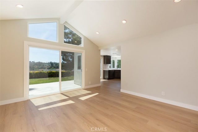21981 Birchwood, Mission Viejo, CA 92692 - unfurnished living room featuring light wood-style floors, beam ceiling, baseboards, high vaulted ceiling, and recessed lighting