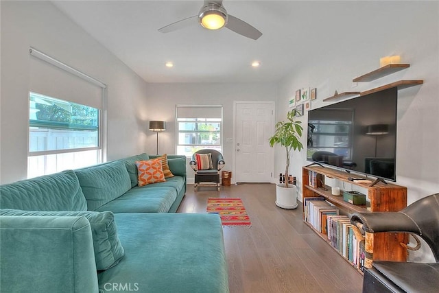 256 Falcon Ave, Long Beach, CA 90802 - living room with wood finished floors, ceiling fan, and recessed lighting