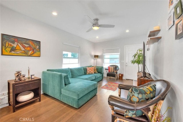 256 Falcon Ave, Long Beach, CA 90802 - living room featuring ceiling fan, wood finished floors, and recessed lighting