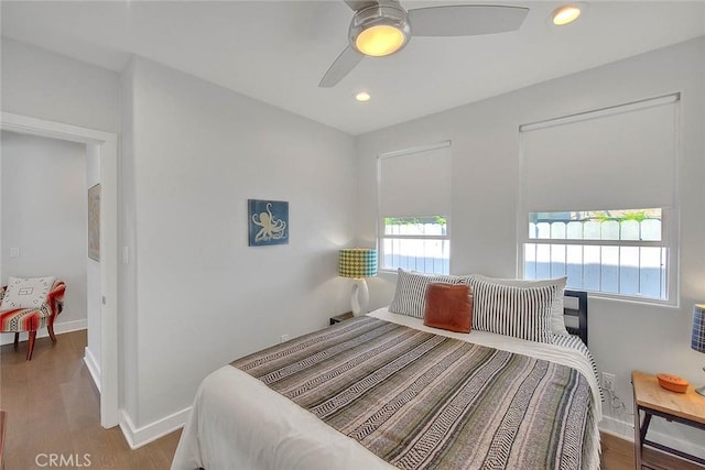 256 Falcon Ave, Long Beach, CA 90802 - bedroom featuring wood finished floors, baseboards, recessed lighting, and a ceiling fan