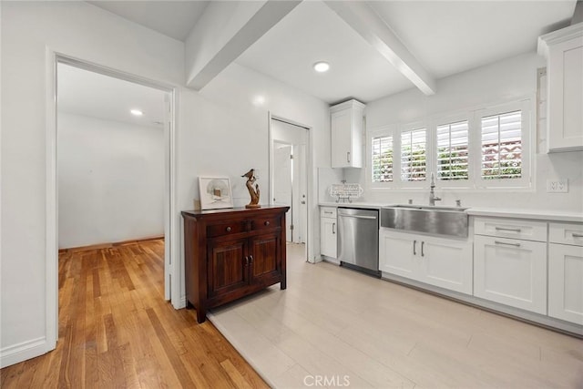 487 N Fern St, Orange, CA 92867 - kitchen featuring dishwasher, beamed ceiling, a sink, light wood-style floors, and light countertops