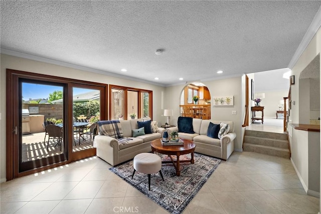 20161 Glacier Cir, Huntington Beach, CA 92646 - living area with crown molding, light tile patterned floors, recessed lighting, a textured ceiling, and baseboards