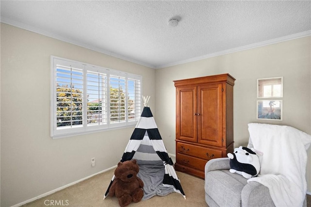 20161 Glacier Cir, Huntington Beach, CA 92646 - living area featuring carpet flooring, a textured ceiling, crown molding, and baseboards