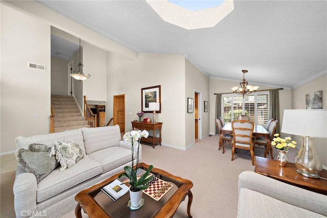 20161 Glacier Cir, Huntington Beach, CA 92646 - living area with a chandelier, baseboards, crown molding, lofted ceiling, and light carpet