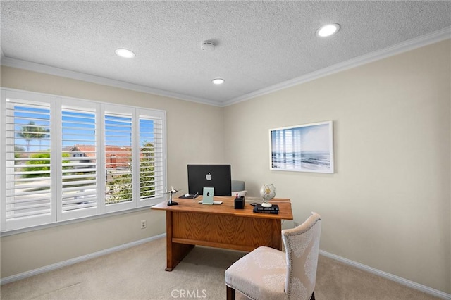 20161 Glacier Cir, Huntington Beach, CA 92646 - office with carpet flooring, ornamental molding, baseboards, and a textured ceiling